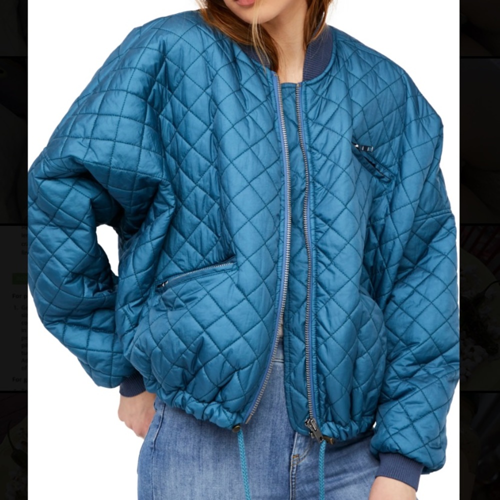 Free People Quilted Bomber Jacket in Teal